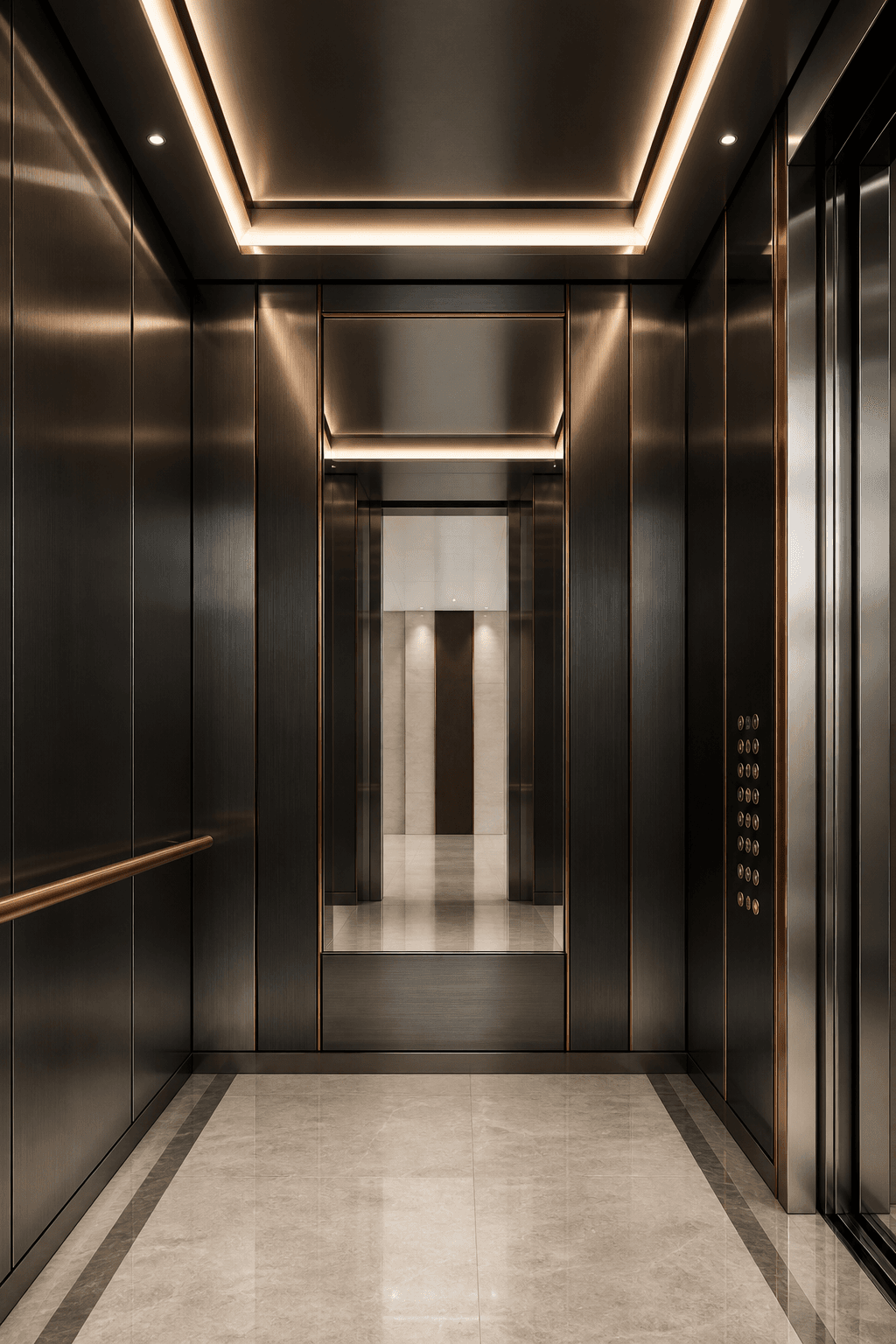 Concept visualization of a dark brushed-metal elevator cabin