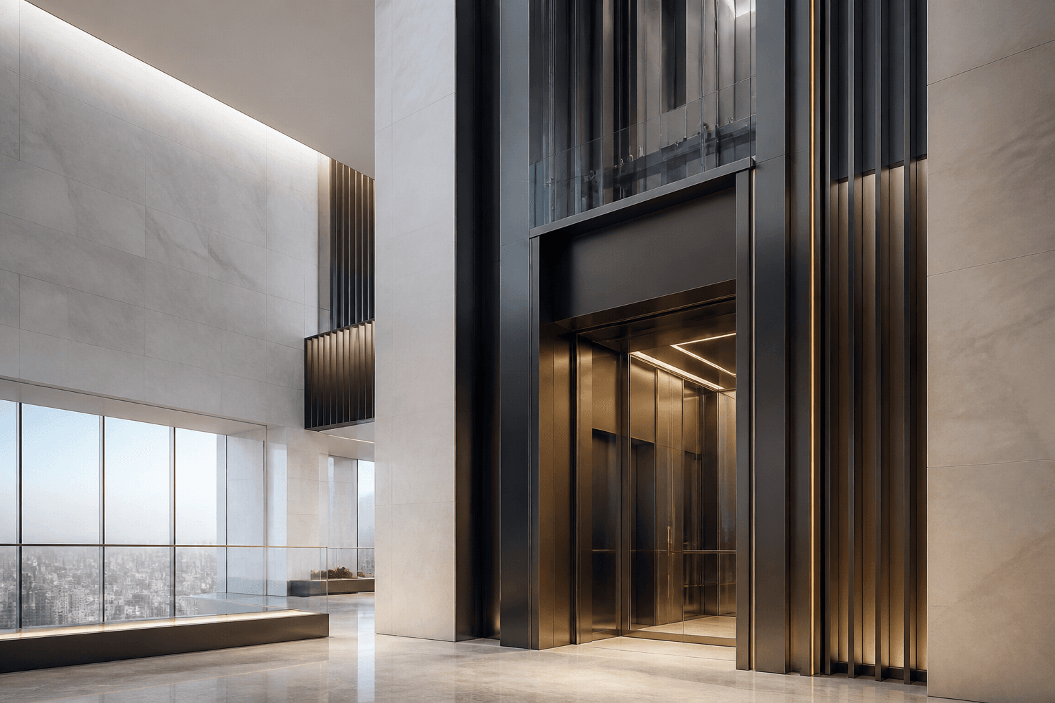 Concept visualization of a contemporary elevator lobby