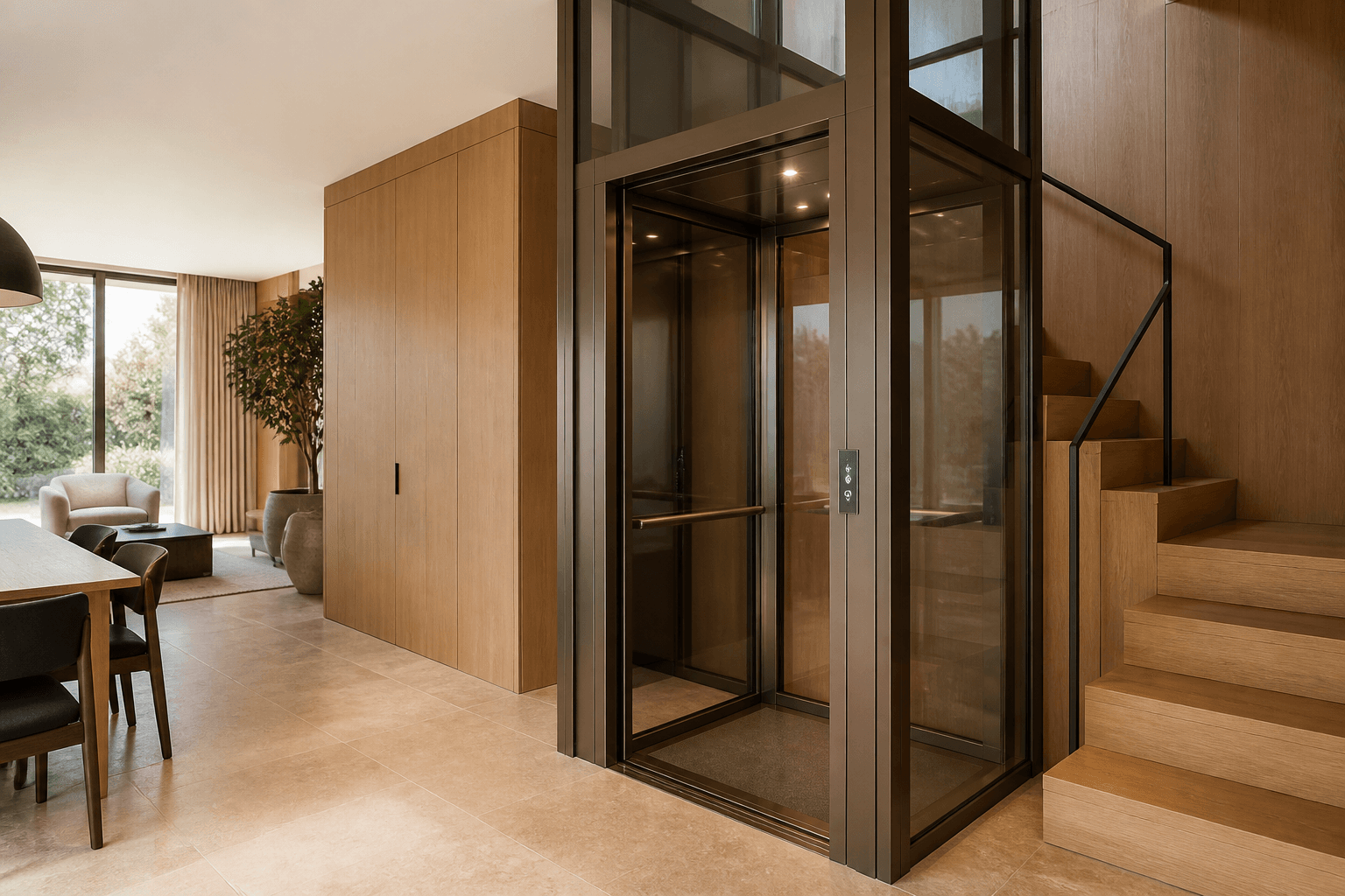 Original concept visualization of a compact glazed home elevator beside a timber staircase